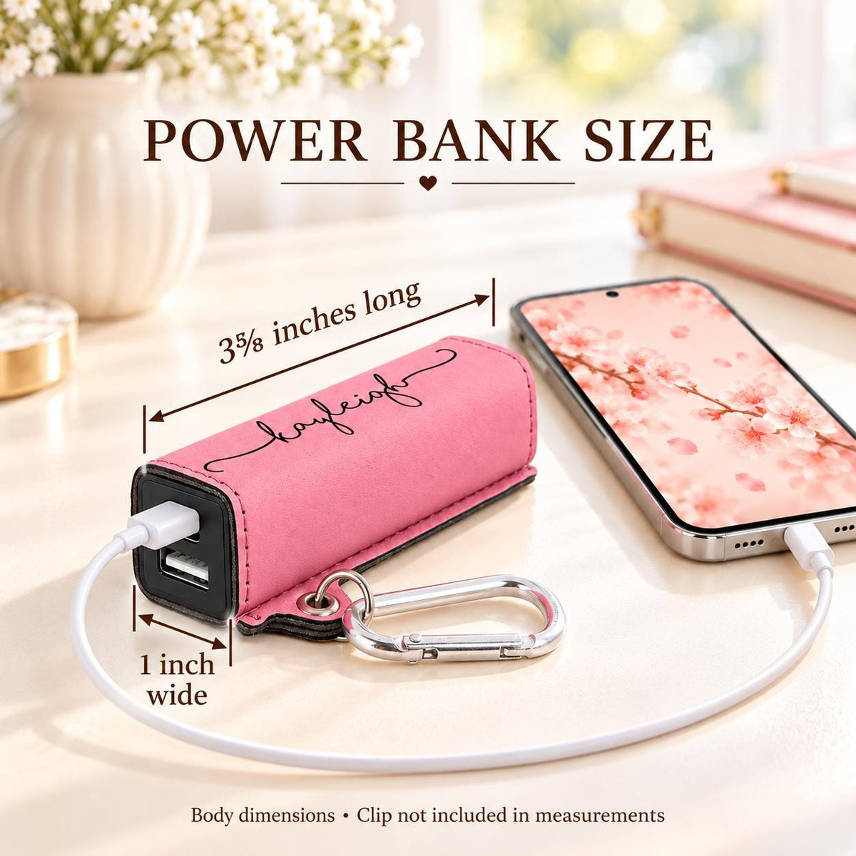 Power bank size: 3 5/8 inches long, 1 inch wide