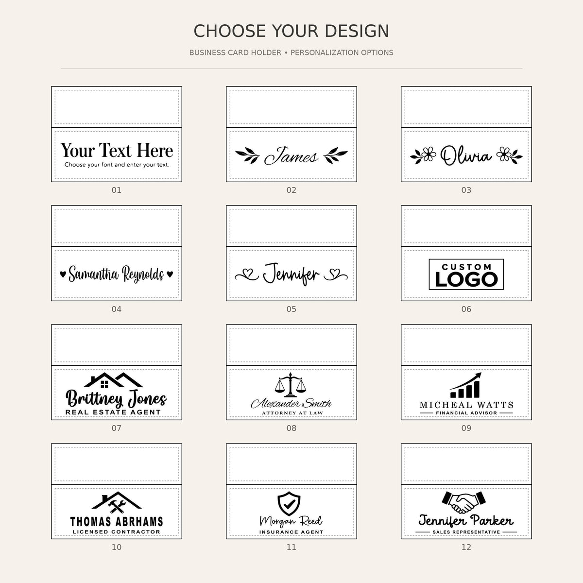 Choose your design chart for the business card holder, designs 1 to 12