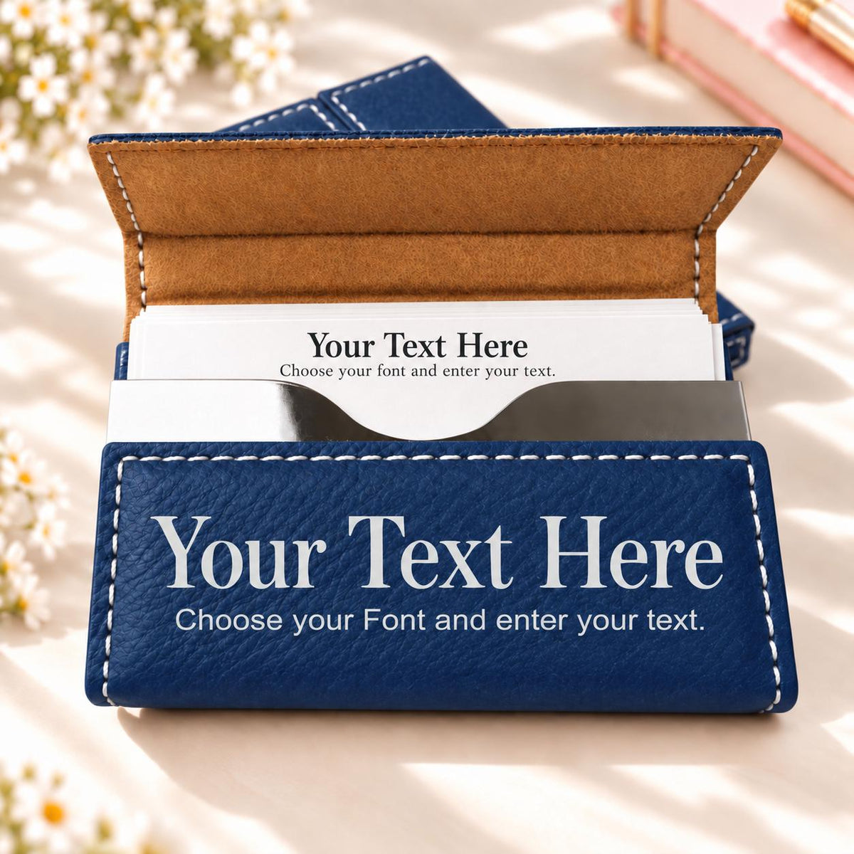 Blue and silver business card holder engraved with text only