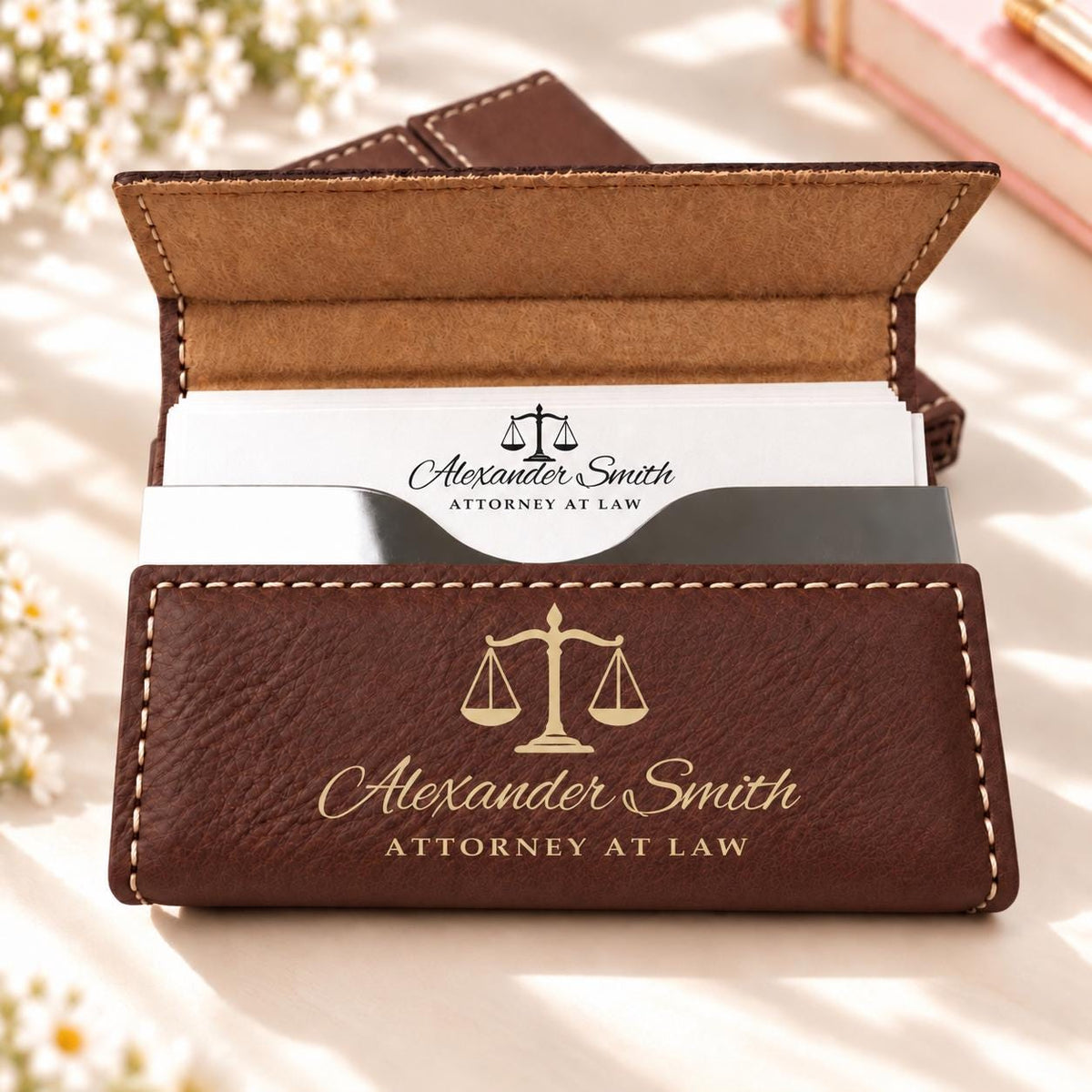 Dark brown and gold business card holder engraved with scales of justice, name and title