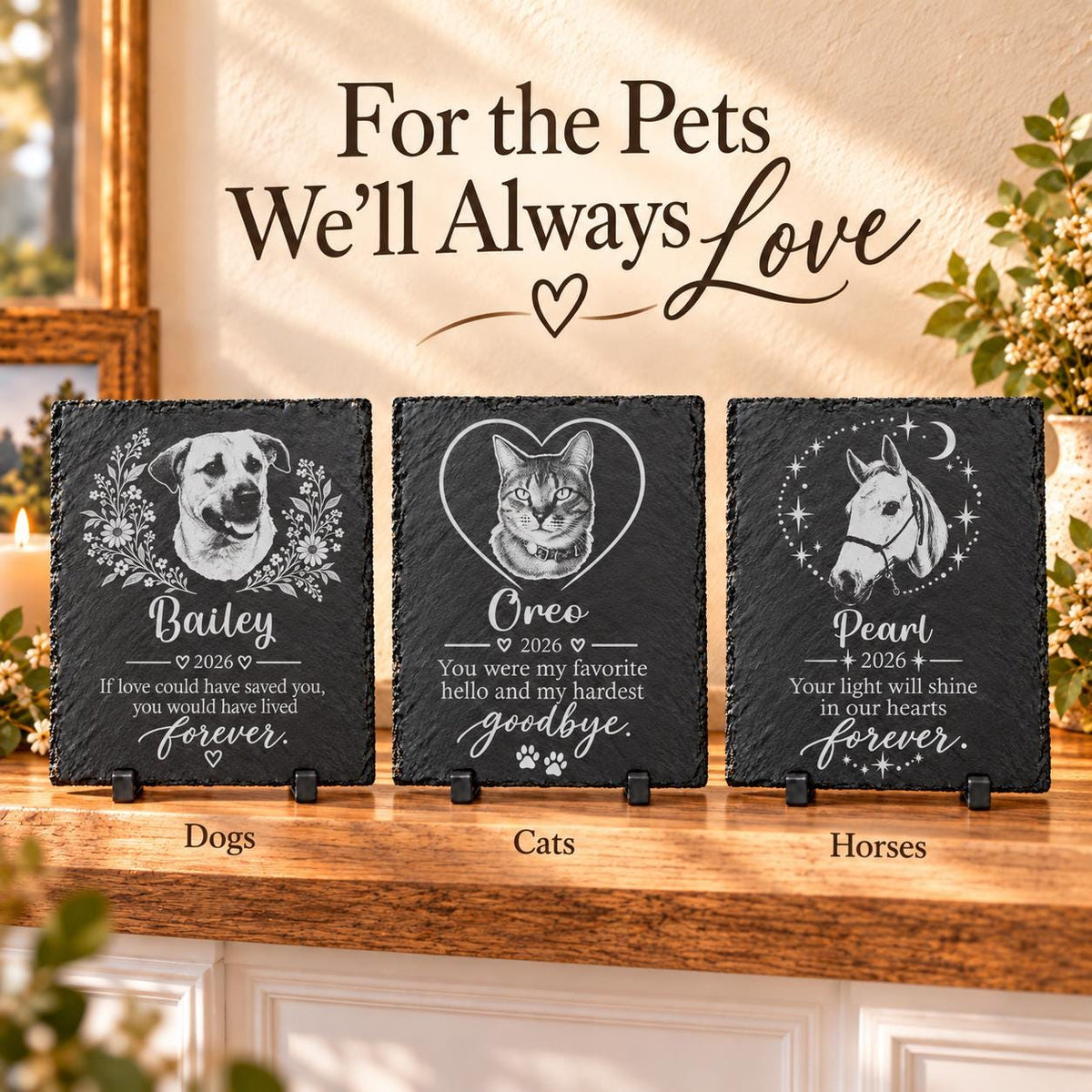 Memorial slate plaques engraved for a dog, a cat and a horse