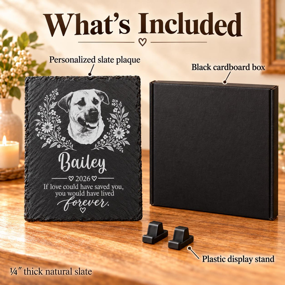 What is included: personalized slate plaque, black cardboard box and plastic display stand