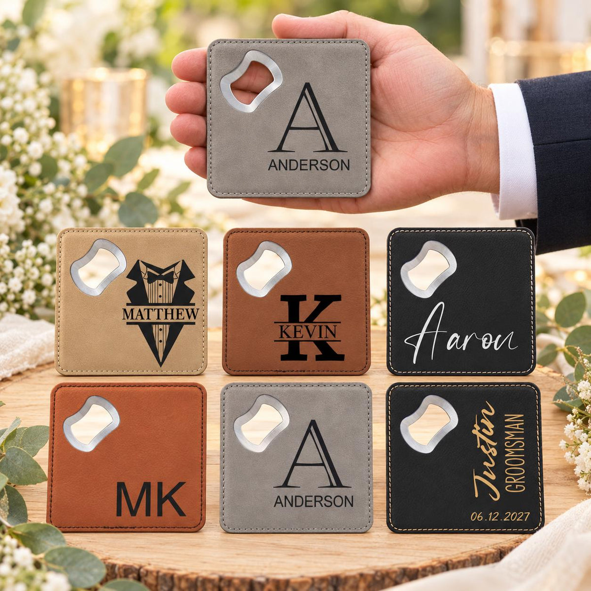 Personalized Groomsmen Gift Coaster Bottle Opener