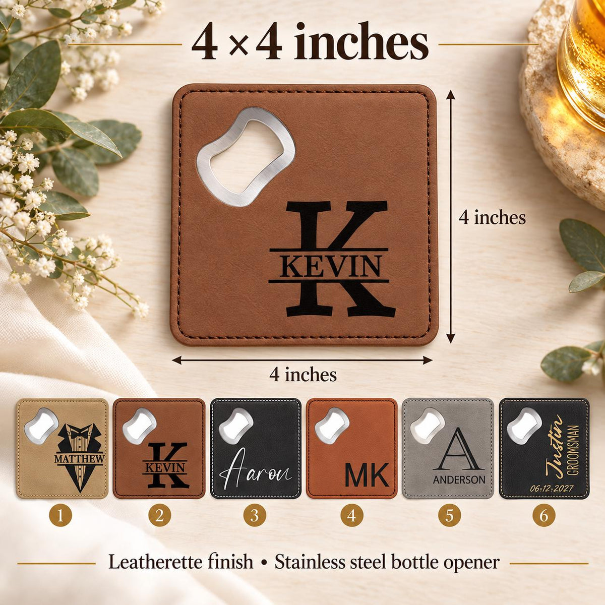 Personalized Groomsmen Gift Coaster Bottle Opener