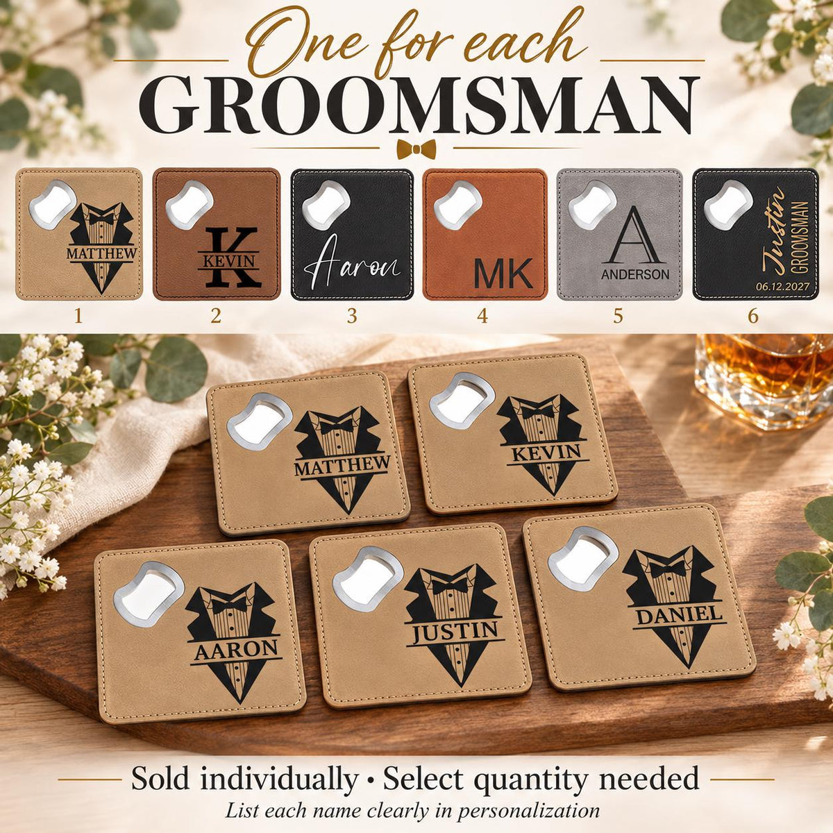 Personalized Groomsmen Gift Coaster Bottle Opener