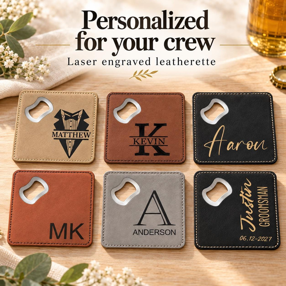 Personalized Groomsmen Gift Coaster Bottle Opener