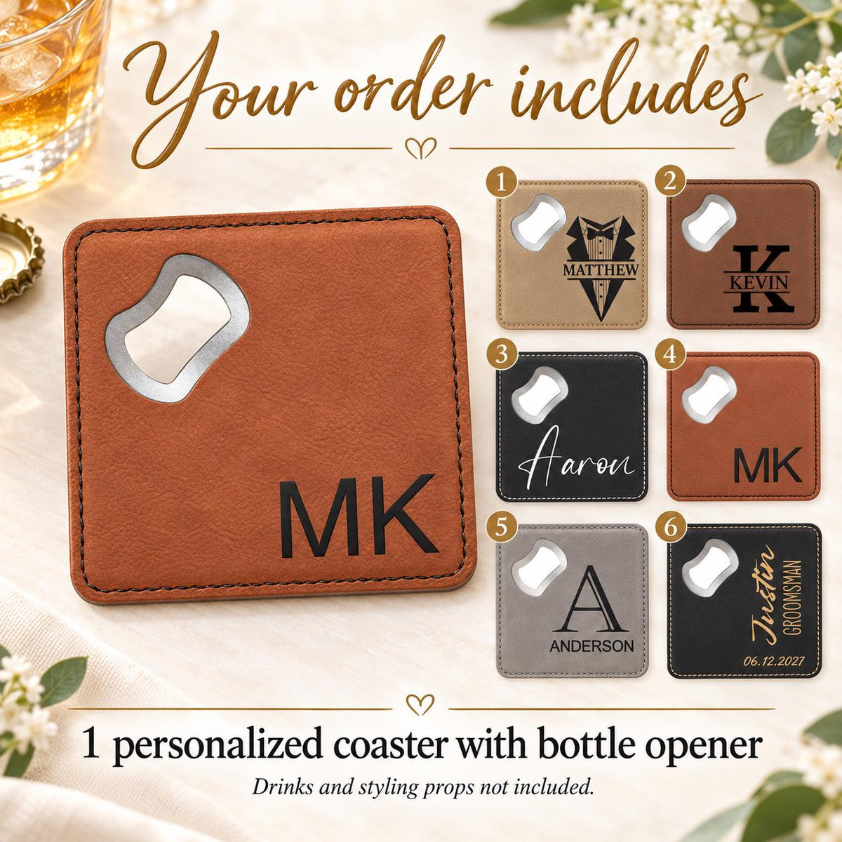 Personalized Groomsmen Gift Coaster Bottle Opener