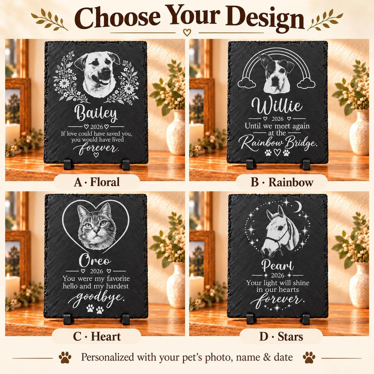 Choose your design: A Floral, B Rainbow, C Heart, D Stars