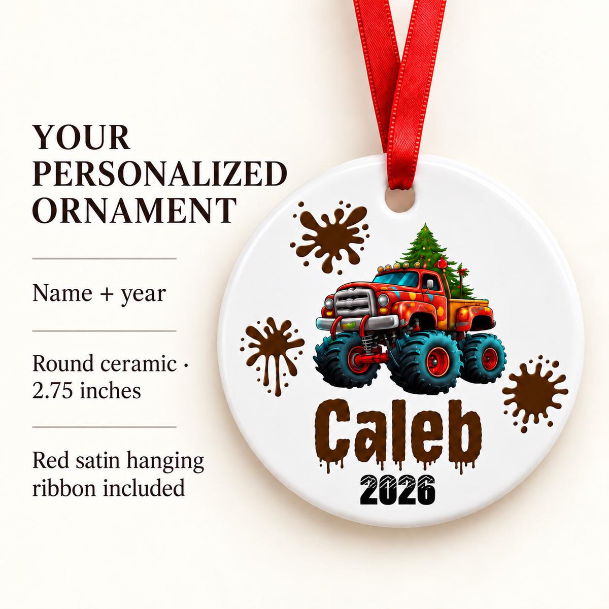 Personalized Monster Truck Christmas Ornament for Kids