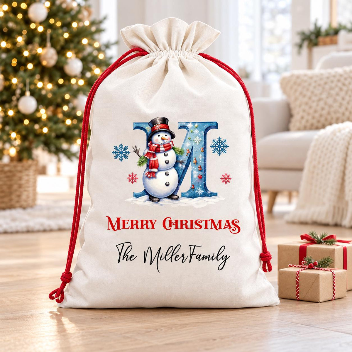 Personalized Snowman Santa Sack – Canvas Christmas Gift Bag
