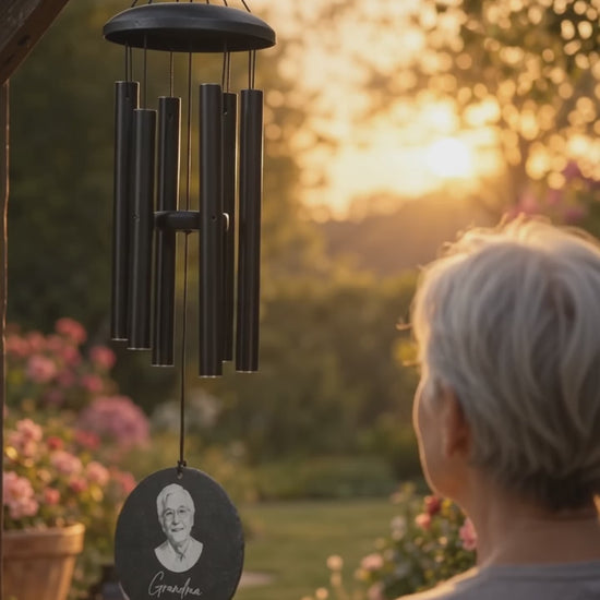 Personalized memorial wind chime with engraved photo medallion hanging in a sunset garden