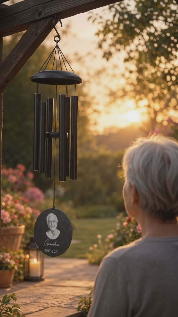 Personalized memorial wind chime with engraved photo medallion hanging in a sunset garden