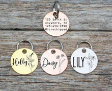 Load image into Gallery viewer, Personalized pet dog ID tag, Birth Flower Pet Tag, Pet dog tag, dog ID Tag, Minimalist Pet Tag, Cat Tag, Engraved Pet Tag, Dog Collar Tag
