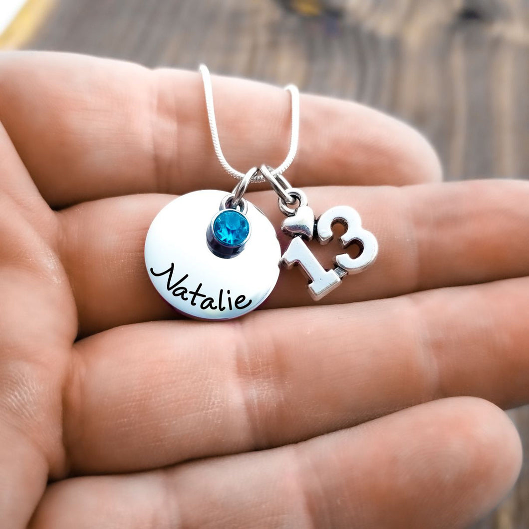 13th Birthday Necklace,  Name Necklace with Birthstone