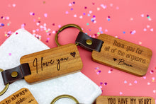 Load image into Gallery viewer, Personalized Drive Safe Keychain Custom Engraved Wood Keychain. Anniversary keychain for him. Funny Valentine keychain
