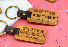 Load image into Gallery viewer, Personalized Drive Safe Keychain Custom Engraved Wood Keychain. Anniversary keychain for him. Funny Valentine keychain
