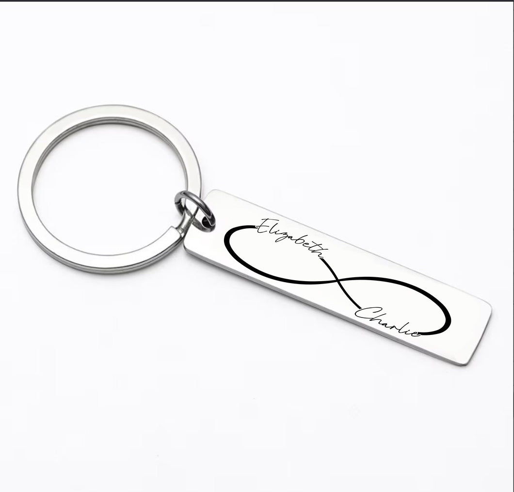 Anniversary Keychain - laser engraved with couples name and infinity sign.