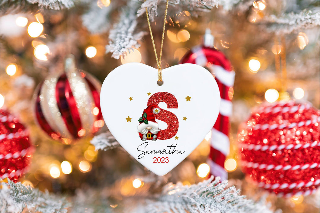 Custom Initial Ornament - Letter Name Ornament - 2023 Family Ornament - Personalized Gnome Heart Christmas gift, Family Keepsake, Monogram